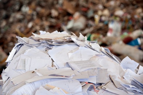 A large pile of mixed paper waste, including crumpled sheets, loose documents, and paper files, is stacked outdoors on a gravel or soil surface, with a background of blurred fallen leaves and debris. The paper materials are in various shades of white, cream, and light grey, with some pages slightly torn or creased, indicating they are discarded or collected for rubbish removal. The pile appears to be situated on a driveway or open yard area, possibly in a residential or commercial setting near Chislehurst. The image emphasizes the volume and texture of the paper waste, highlighting the need for professional rubbish collection services such as those offered by Commercial Waste Chislehurst to efficiently clear the site. Natural lighting accentuates the textures of the crumpled and layered paper, reinforcing the focus on waste removal requirements in a typical outdoor environment associated with rubbish collection activities in the local area.
