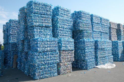 A large outdoor area in daytime featuring numerous tightly stacked bales of recycled plastic bottles, predominantly blue with some transparent and mixed colours, bound with wire or plastic straps. The bales are arranged in multiple columns and tiers, occupying most of the visible space on a paved surface, with a clear sky overhead. The environment appears to be an industrial or waste management site near Chislehurst, fitting within the context of commercial rubbish removal services. A small pile of loose plastic bottles and packaging materials is visible on the ground in the foreground, and the bales are positioned close to each other, indicating a storage or sorting operation. The scene reflects a focus on recycling and waste processing, relevant to professional rubbish removal activities provided by companies like Commercial Waste Chislehurst.
